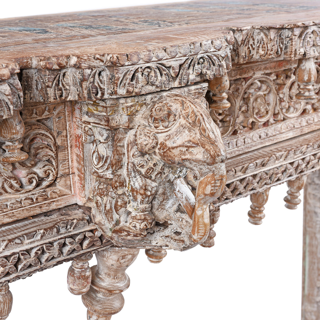Elephant Detail From Painted Reclaimed Teak Console Table | Indigo Antiques