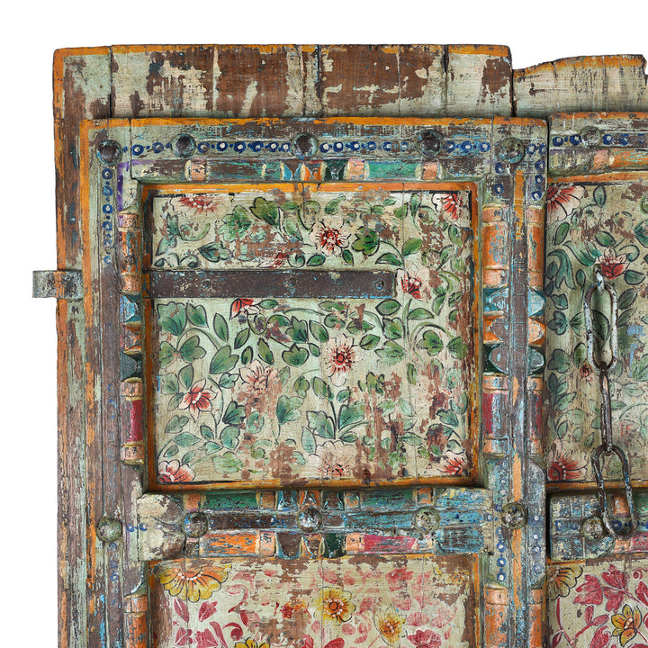 Corner Detail Displaying Paintwork On Antique Indian Door With Later Floral Painting | Indigo Antiques
