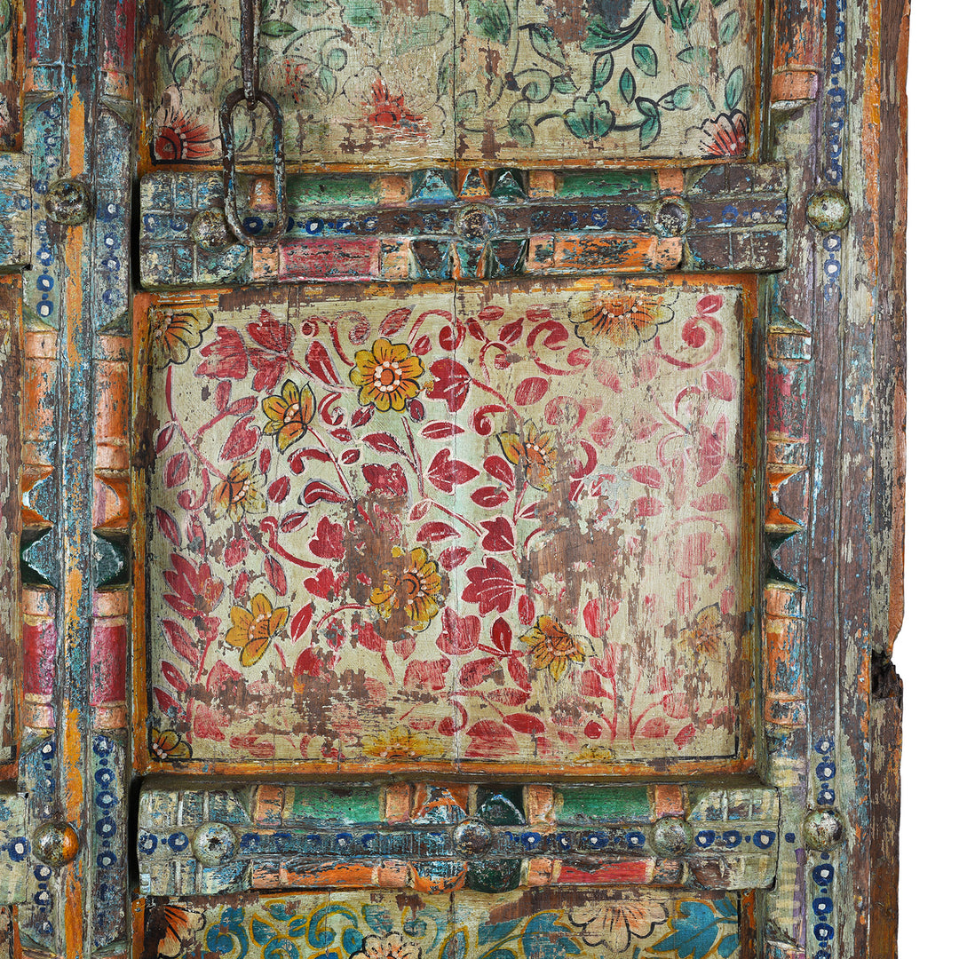 Red Paintwork Detail From Antique Indian Door With Later Floral Painting | Indigo Antiques