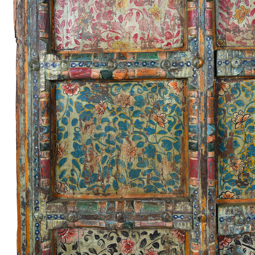 Green Paintwork Detail From Antique Indian Door With Later Floral Painting | Indigo Antiques
