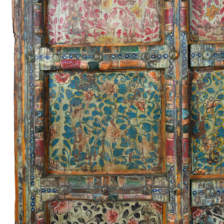 Green Paintwork Detail From Antique Indian Door With Later Floral Painting | Indigo Antiques