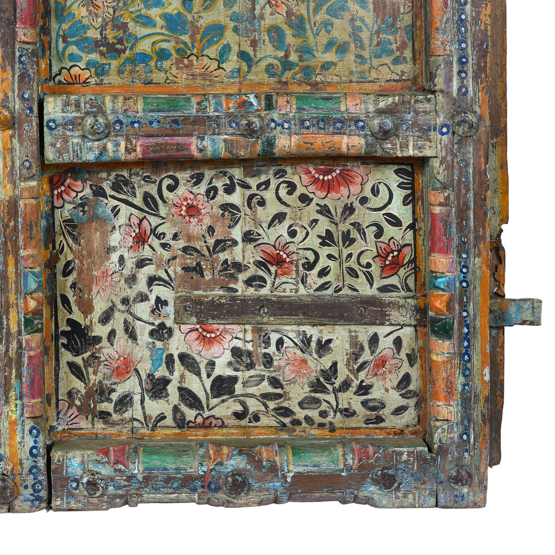 Black Paintwork Detail From Antique Indian Door With Later Floral Painting | Indigo Antiques