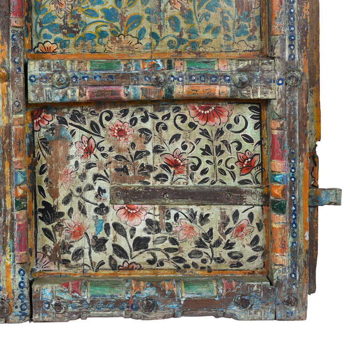 Black Paintwork Detail From Antique Indian Door With Later Floral Painting | Indigo Antiques