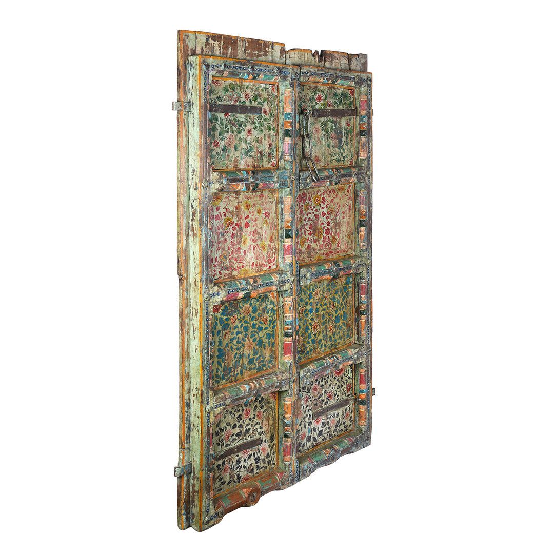 Angled VIew Of Antique Indian Door With Later Floral Painting | Indigo Antiques