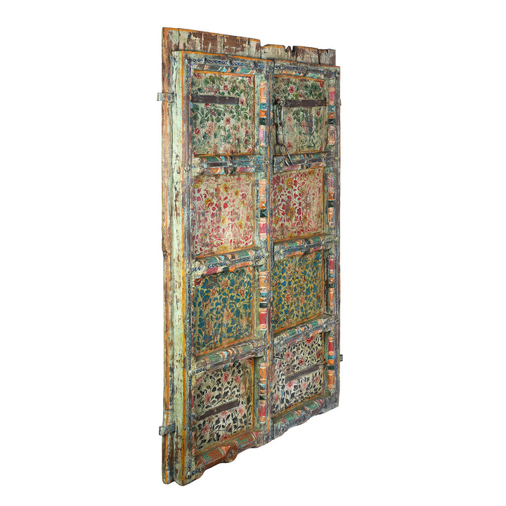 Angled VIew Of Antique Indian Door With Later Floral Painting | Indigo Antiques
