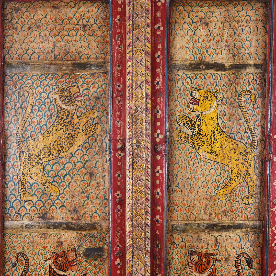 Leopard Paintwork Detail From Antique Indian Door With Later Painting | Indigo Antiques
