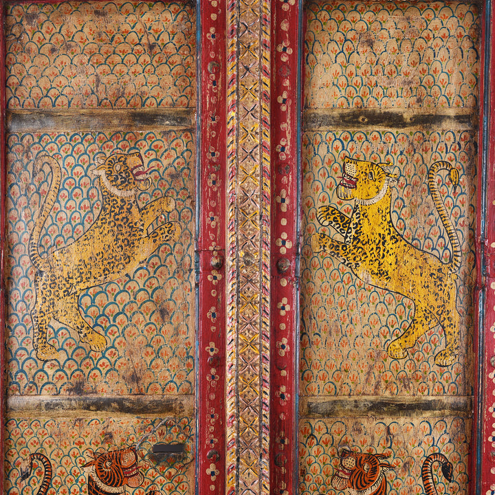 Leopard Paintwork Detail From Antique Indian Door With Later Painting | Indigo Antiques