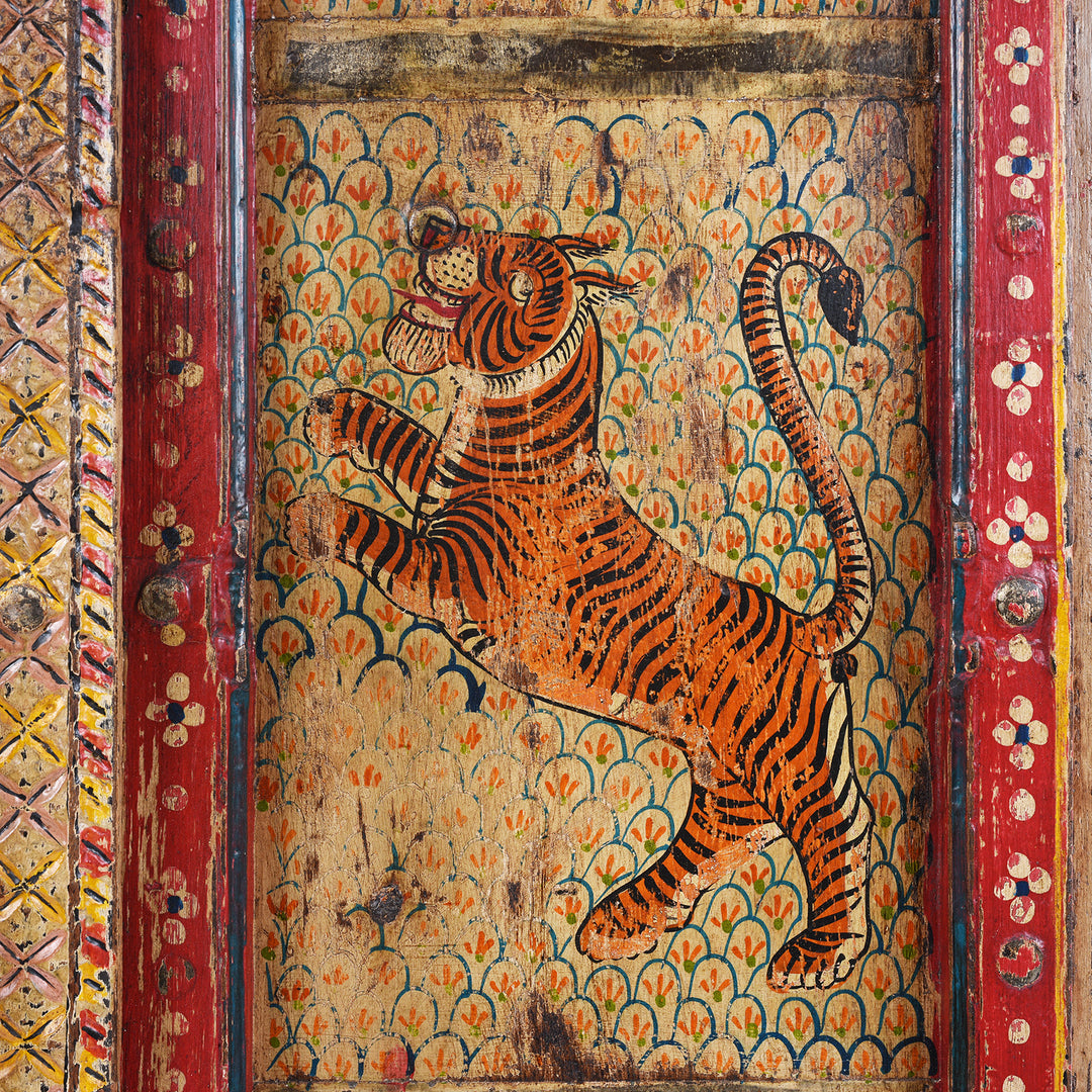 Tiger Paintwork Detail From Antique Indian Door With Later Painting | Indigo Antiques