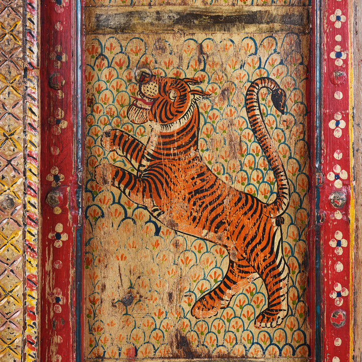 Tiger Paintwork Detail From Antique Indian Door With Later Painting | Indigo Antiques