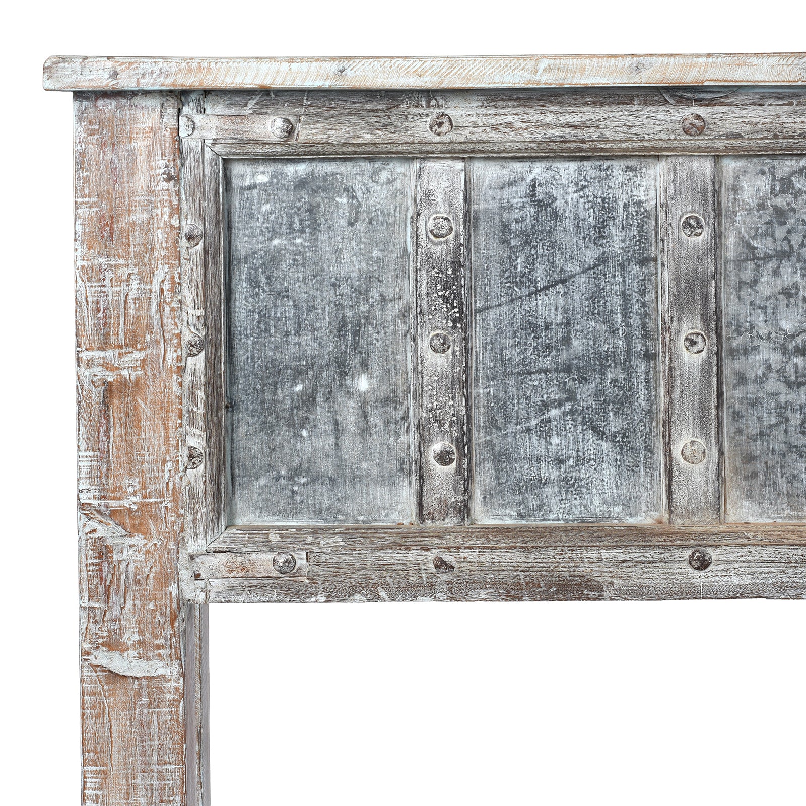 Corner Detail Highlighting Distressed Paintwork On Reclaimed Blue Painted Teak Indian Console Table 
