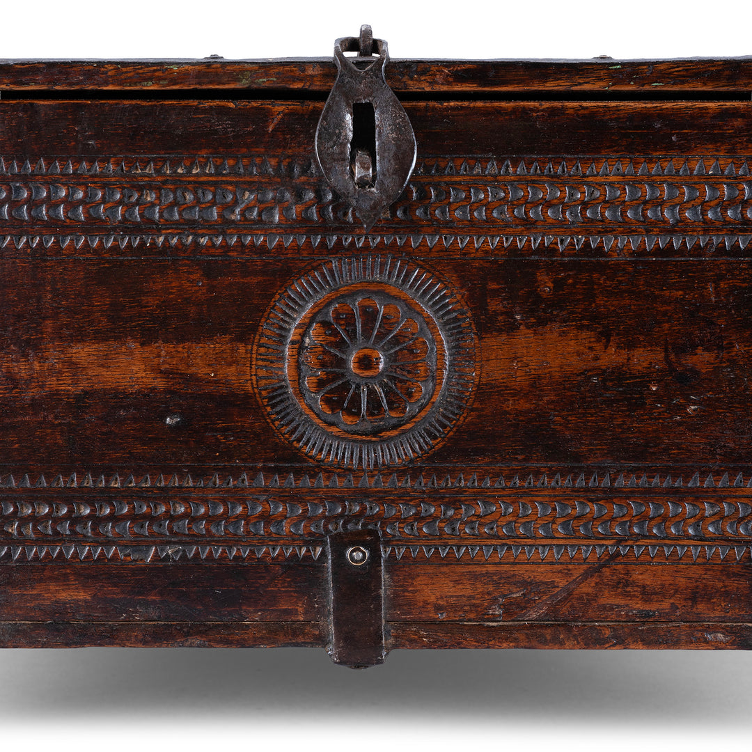 Chip Carving Detail From 19th Century Rajasthani Teak Chip Carved Merchant’s Box With Hidden Compartment And Iron Fittings