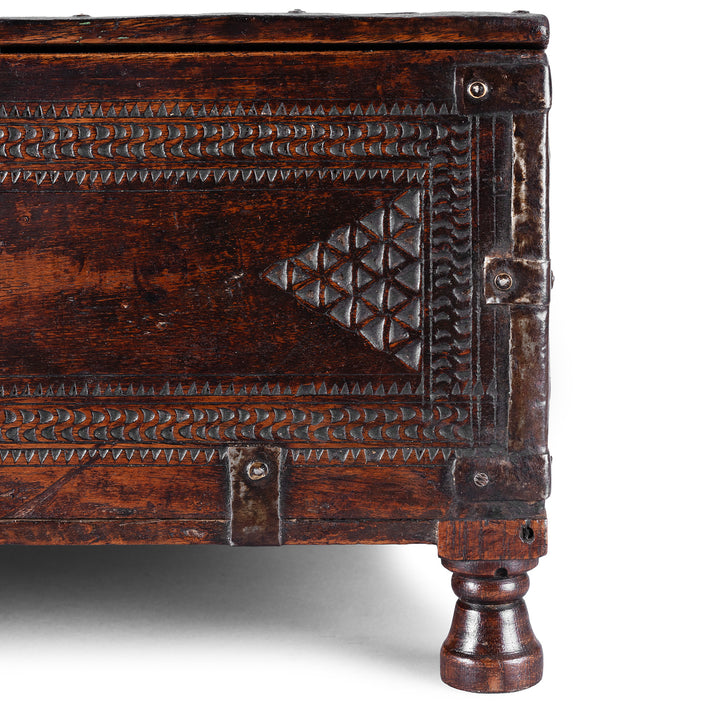 Chip Carving Detail From 19th Century Rajasthani Teak Chip Carved Merchant’s Box With Hidden Compartment And Iron Fittings