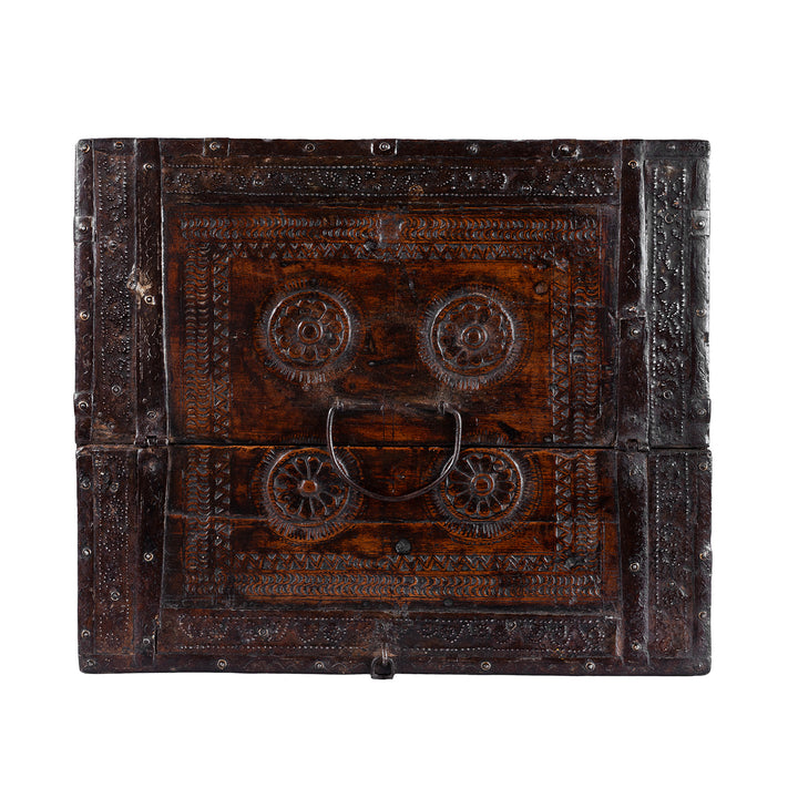 Top Down View Of 19th Century Rajasthani Teak Chip Carved Merchant’s Box With Hidden Compartment And Iron Fittings