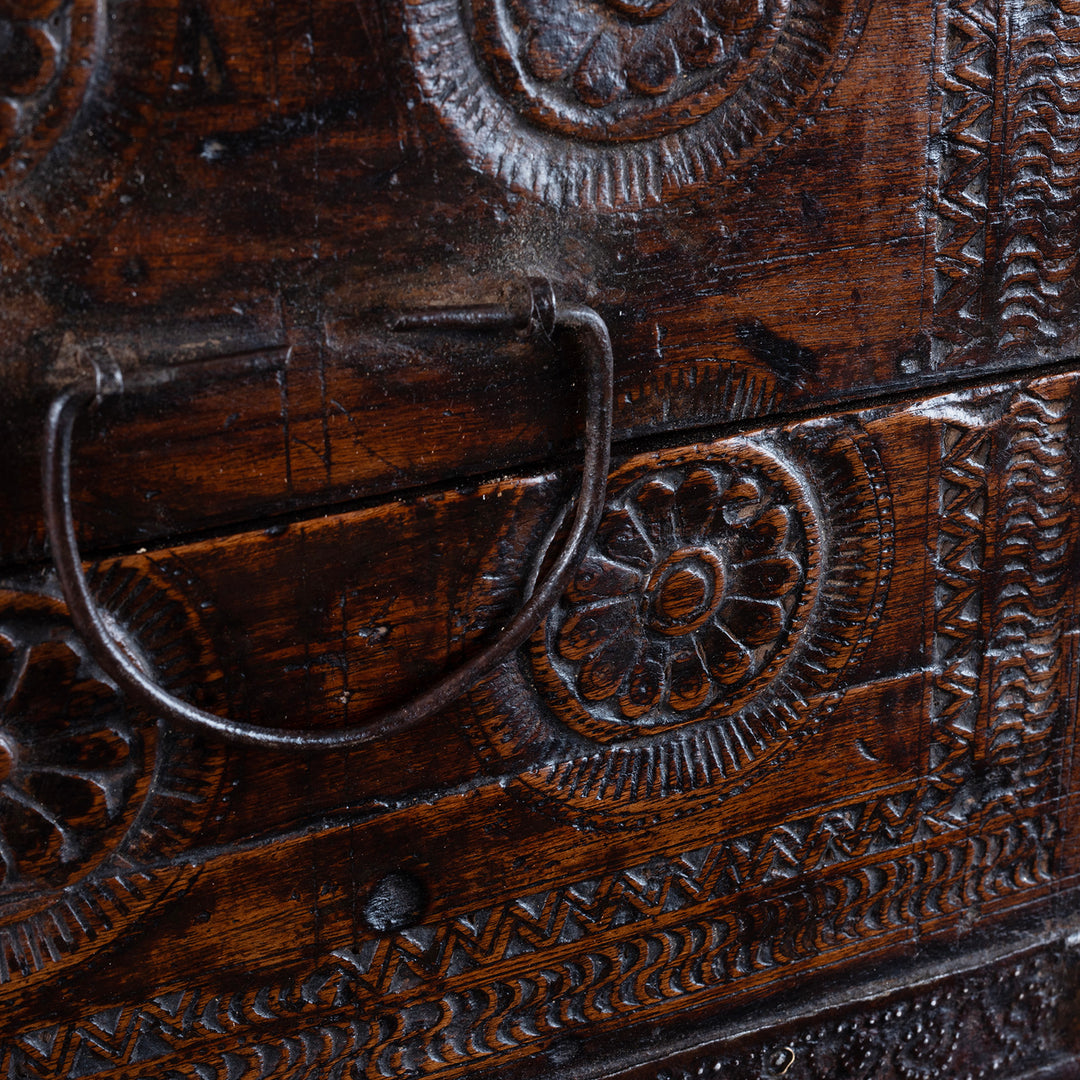 Carving Detail From 19th Century Rajasthani Teak Chip Carved Merchant’s Box With Hidden Compartment And Iron Fittings