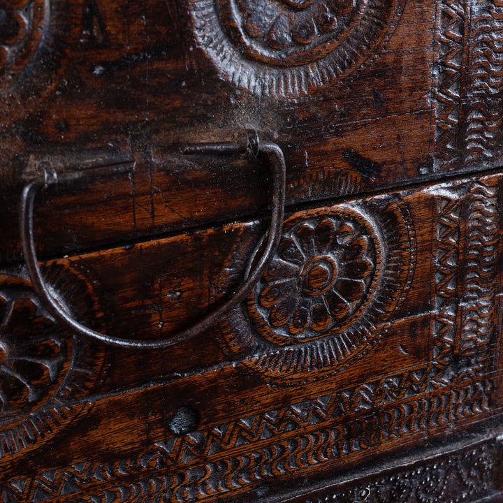 Carving Detail From 19th Century Rajasthani Teak Chip Carved Merchant’s Box With Hidden Compartment And Iron Fittings