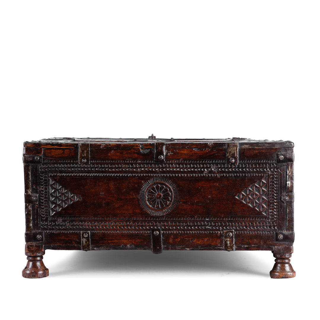Back Of 19th Century Rajasthani Teak Chip Carved Merchant’s Box With Hidden Compartment And Iron Fittings