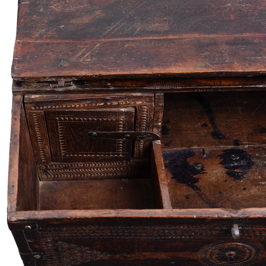 Door Detail From 19th Century Rajasthani Teak Chip Carved Merchant’s Box With Hidden Compartment And Iron Fittings