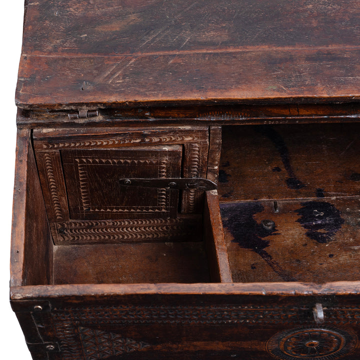 Door Detail From 19th Century Rajasthani Teak Chip Carved Merchant’s Box With Hidden Compartment And Iron Fittings