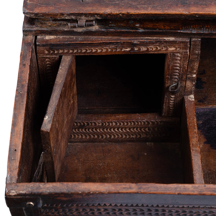 Door Open Detail From 19th Century Rajasthani Teak Chip Carved Merchant’s Box With Hidden Compartment And Iron Fittings