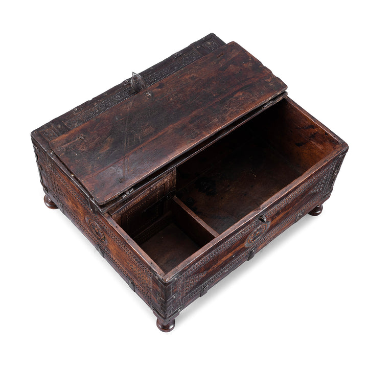 Interior Of 19th Century Rajasthani Teak Chip Carved Merchant’s Box With Hidden Compartment And Iron Fittings