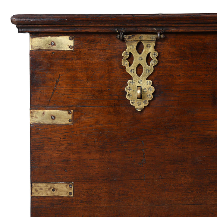 Corner Detail From 18th Century Anglo Indian Brass Bound Teak Military Chest With Candle Box And Secret Compartment
