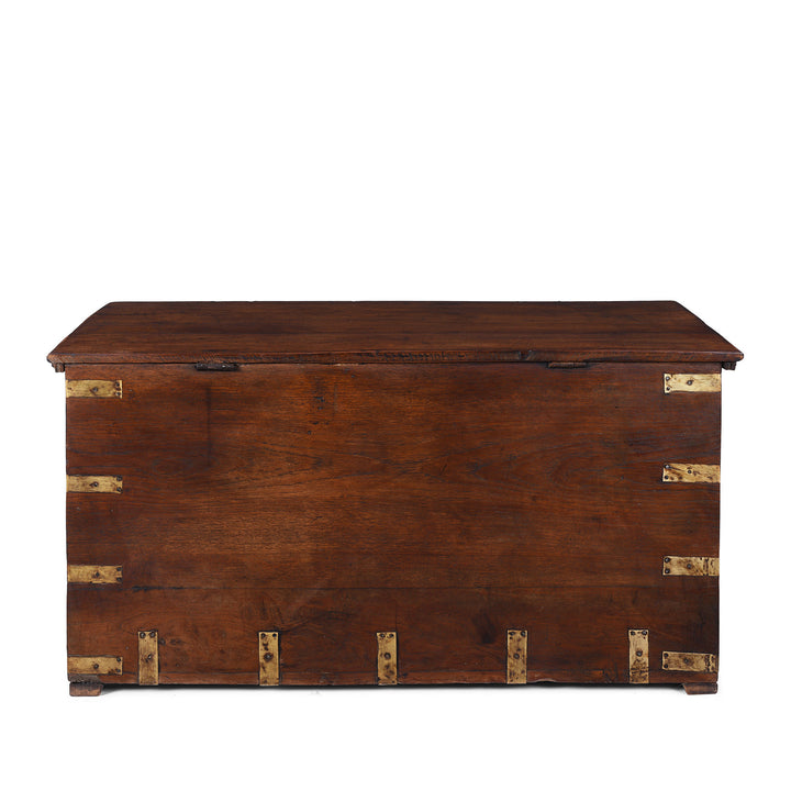 Back Of 18th Century Anglo Indian Brass Bound Teak Military Chest With Candle Box And Secret Compartment