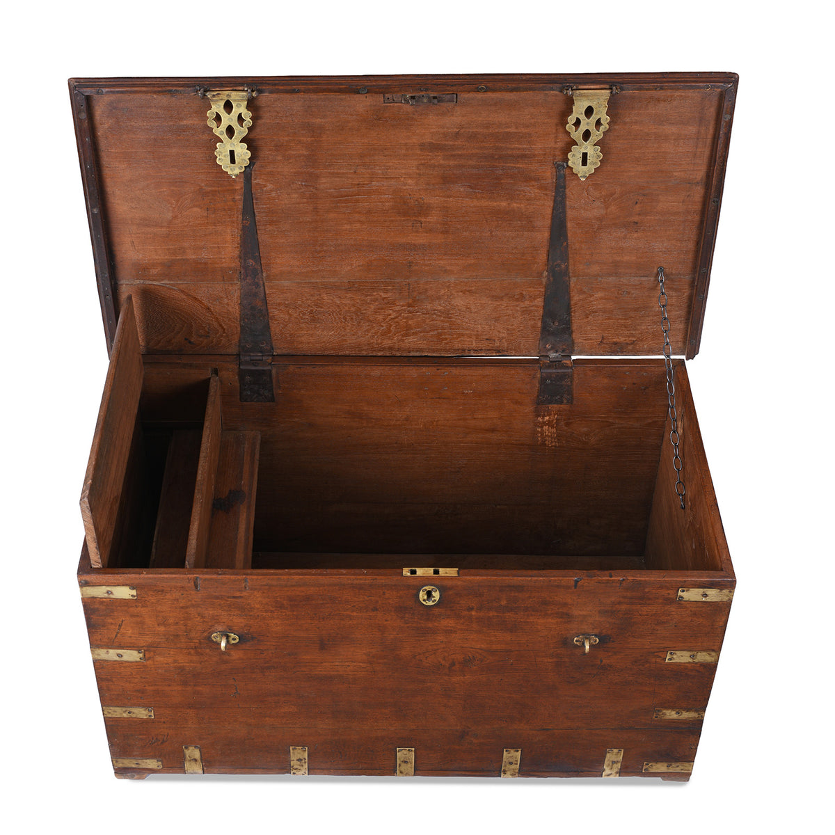 Interior Of 18th Century Anglo Indian Brass Bound Teak Military Chest With Candle Box And Secret Compartment