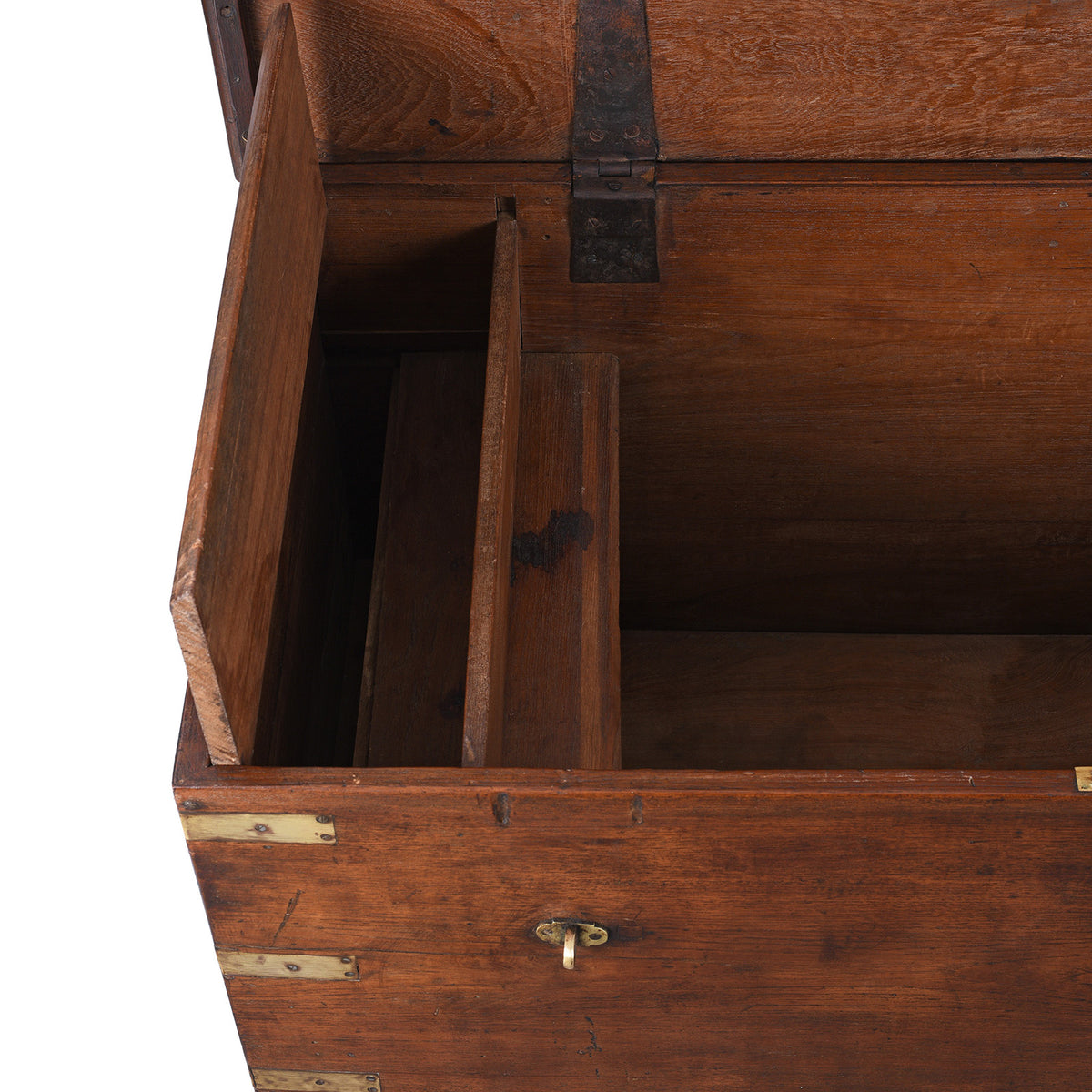 Candle Box Detail From 18th Century Anglo Indian Brass Bound Teak Military Chest With Candle Box And Secret Compartment