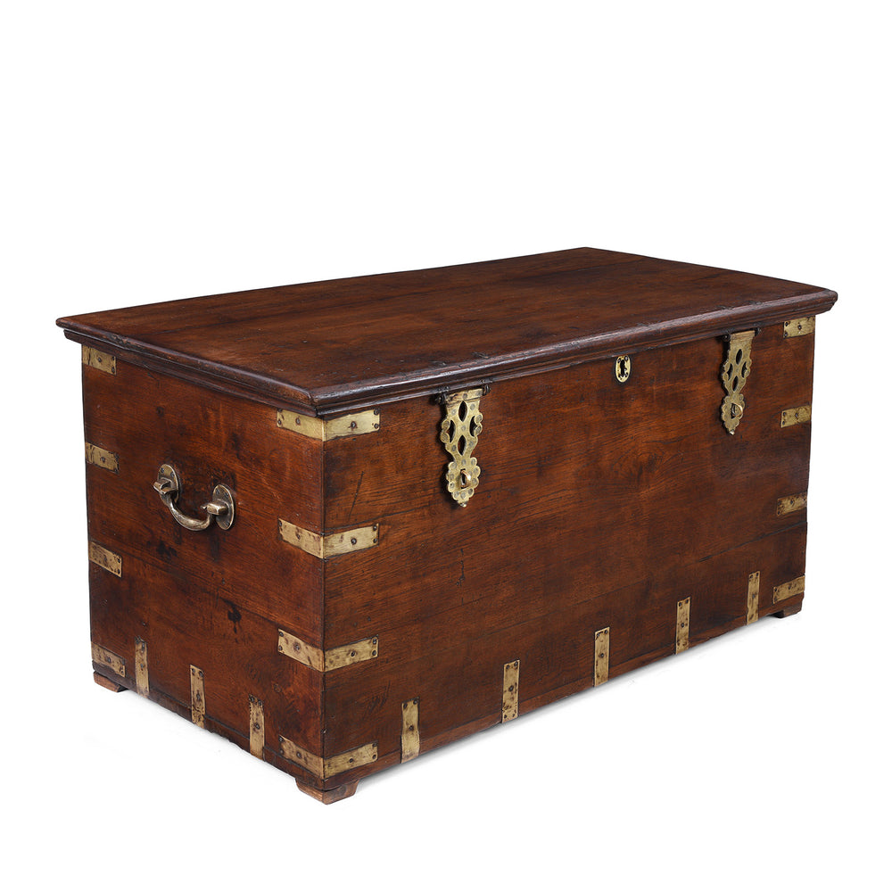 Angled View Of 18th Century Anglo Indian Brass Bound Teak Military Chest With Candle Box And Secret Compartment