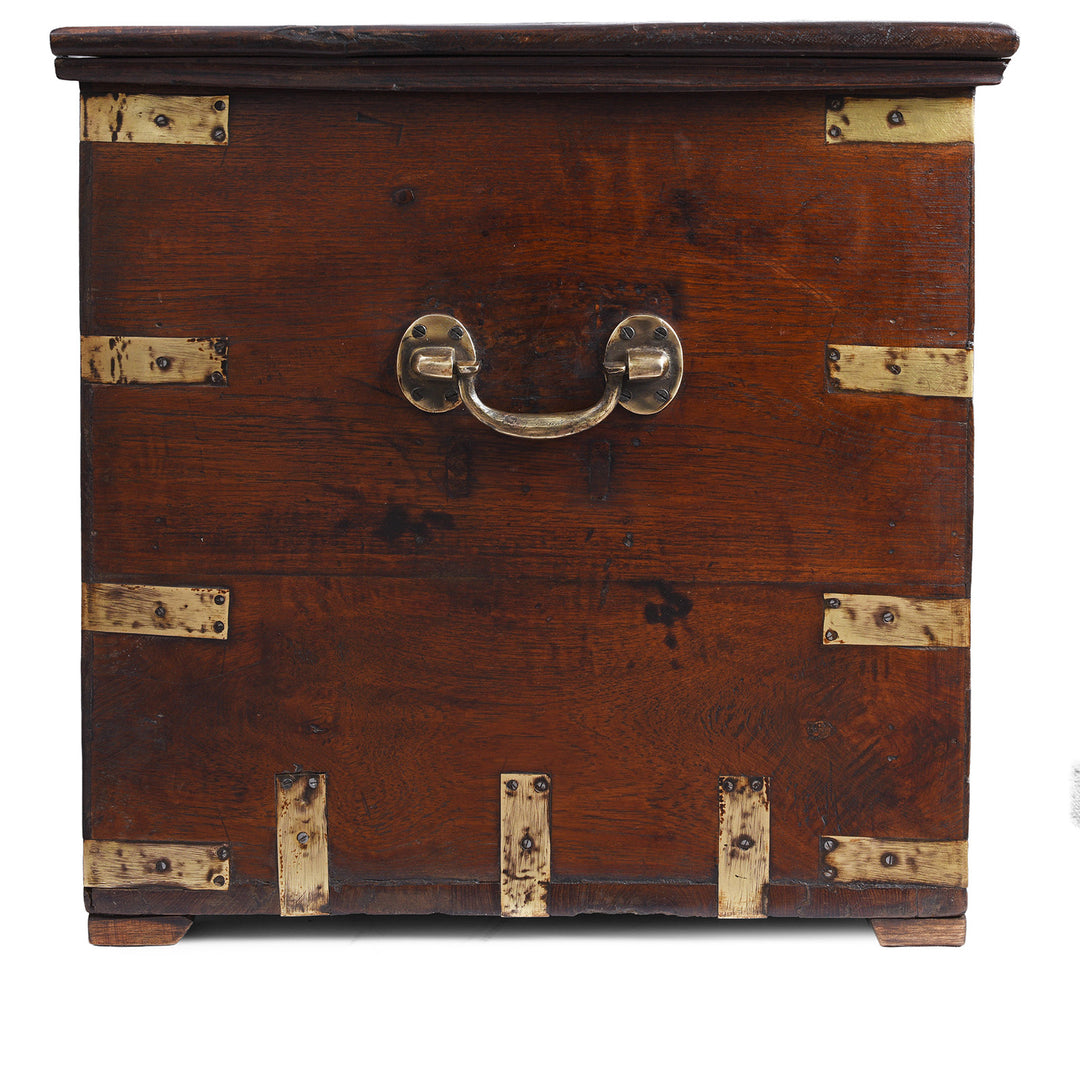 Seide VIew Of 18th Century Anglo Indian Brass Bound Teak Military Chest With Candle Box And Secret Compartment