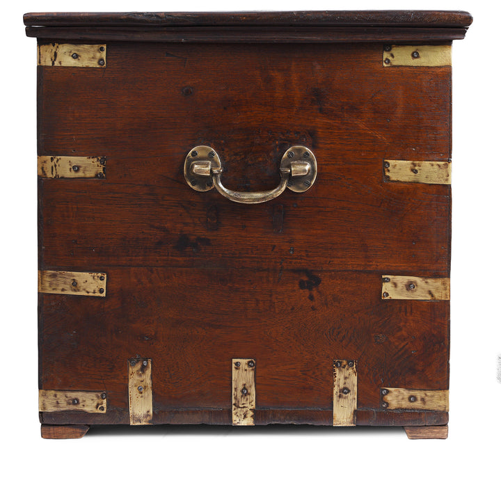 Seide VIew Of 18th Century Anglo Indian Brass Bound Teak Military Chest With Candle Box And Secret Compartment