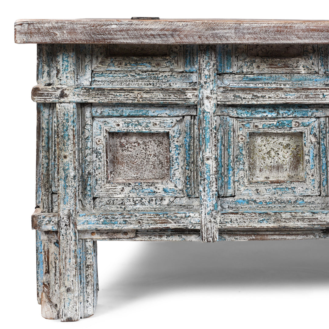 Detail of Paintwork From Reclaimed Teak Coffee Table Chest With Carved Geometric Panels And Blue Painted Weathered Patina Finish