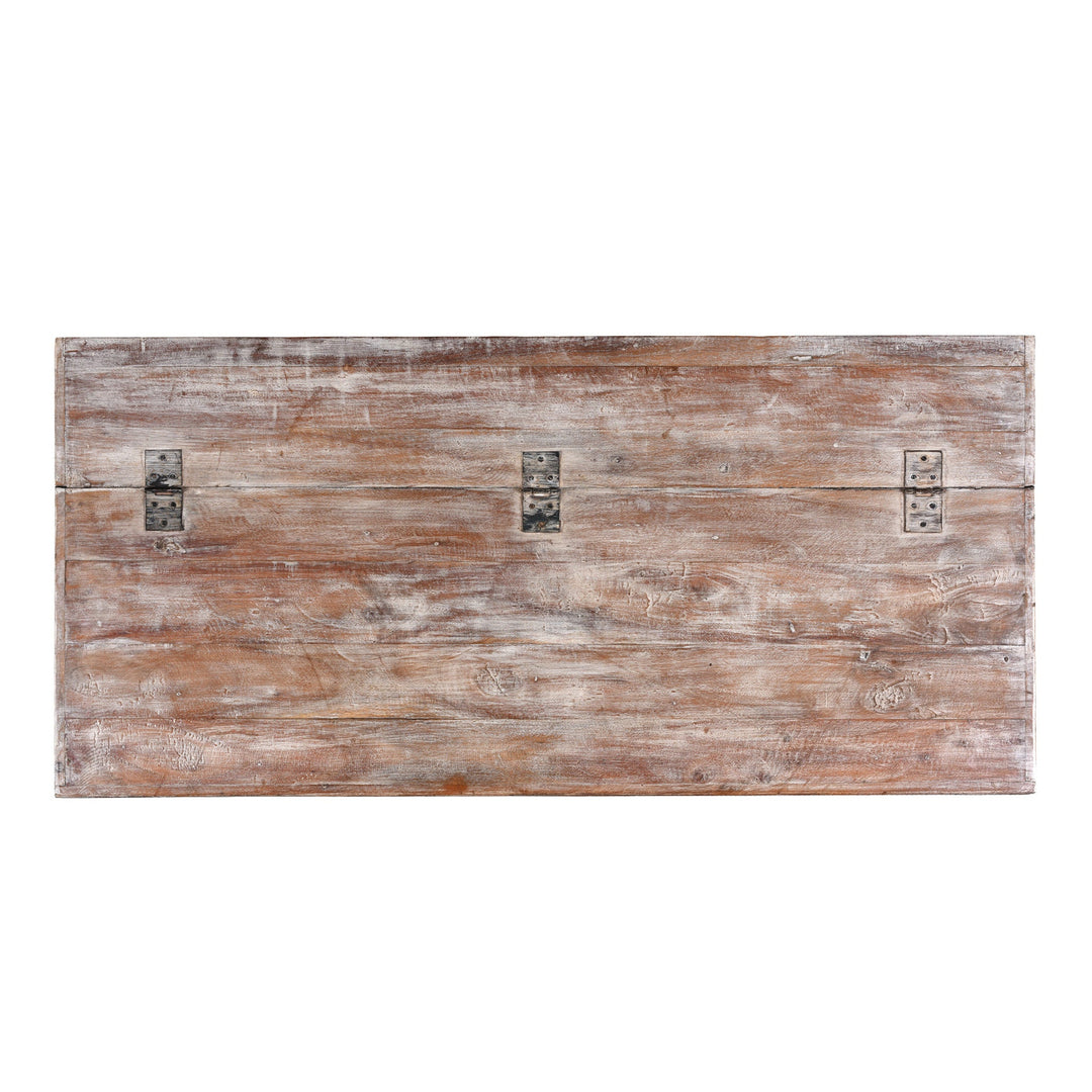 Top View Of Reclaimed Teak Coffee Table Chest With Carved Geometric Panels And Blue Painted Weathered Patina Finish