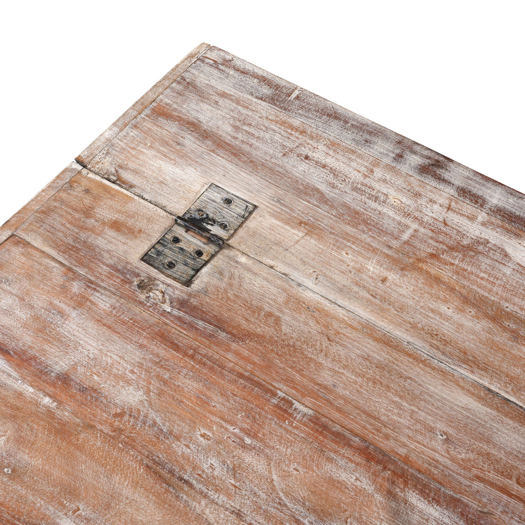 Corner Detail From Reclaimed Teak Coffee Table Chest With Carved Geometric Panels And Blue Painted Weathered Patina Finish
