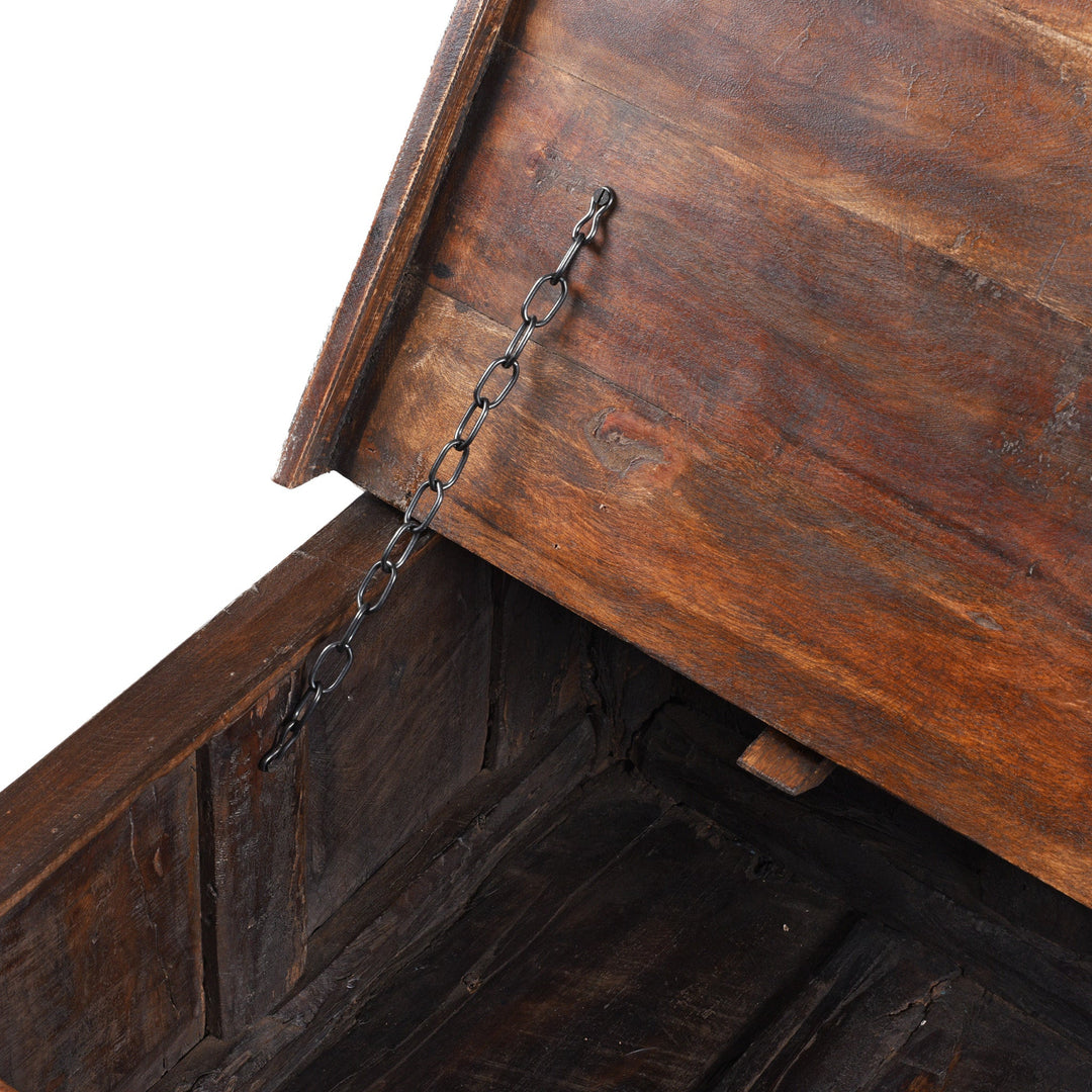 Detail Of Chain From Reclaimed Teak Coffee Table Chest With Carved Geometric Panels And Blue Painted Weathered Patina Finish