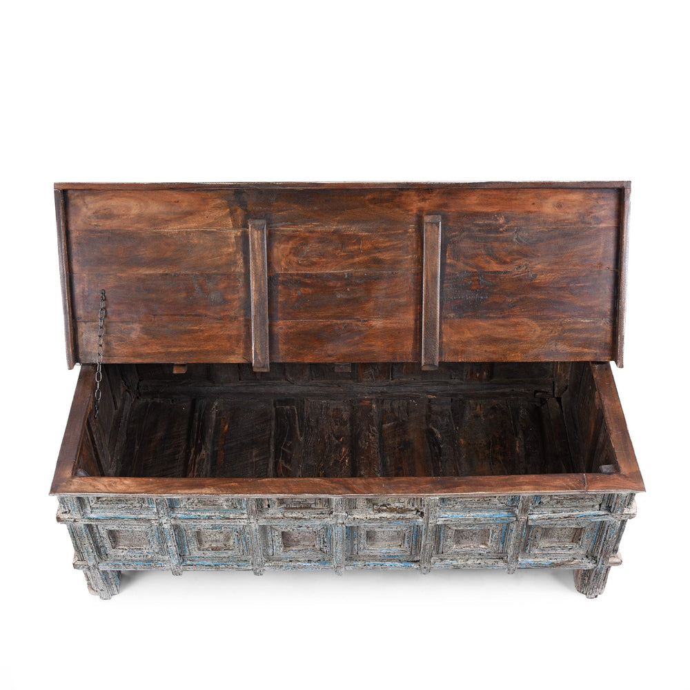 Interior View Of Reclaimed Teak Coffee Table Chest With Carved Geometric Panels And Blue Painted Weathered Patina Finish
