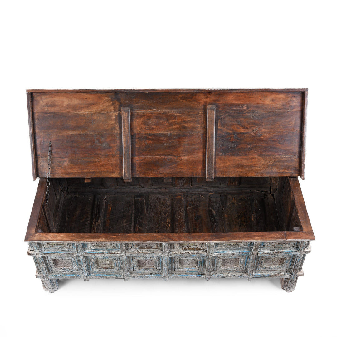 Interior View Of Reclaimed Teak Coffee Table Chest With Carved Geometric Panels And Blue Painted Weathered Patina Finish