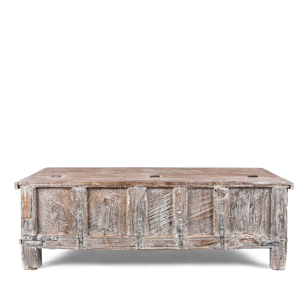 View Of Back Of Reclaimed Teak Coffee Table Chest With Carved Geometric Panels And Blue Painted Weathered Patina Finish