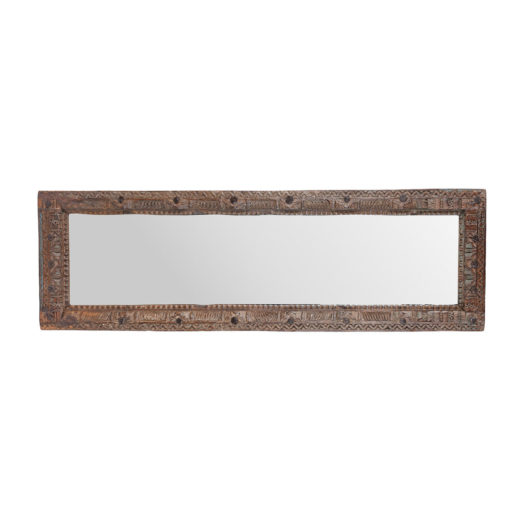 Landscape View Of Antique Indian Teak Mirror With Intricately Carved Frame Made From Reclaimed Wood