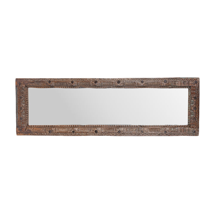 Landscape View Of Antique Indian Teak Mirror With Intricately Carved Frame Made From Reclaimed Wood
