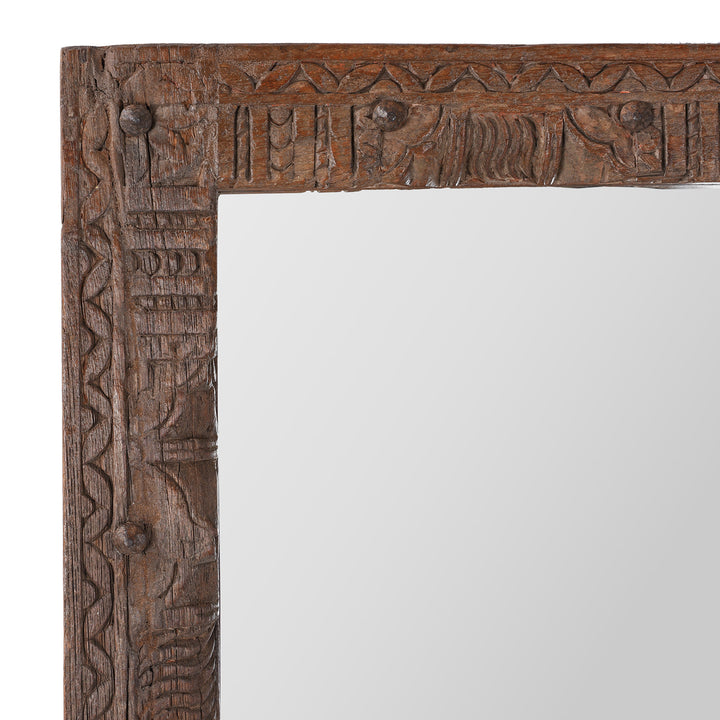 Corner Detail Showing Frame Carving On Indian Mirror Made From Old Architectural Teak With Intricately Carved Frame And Rustic Weathered Finish
