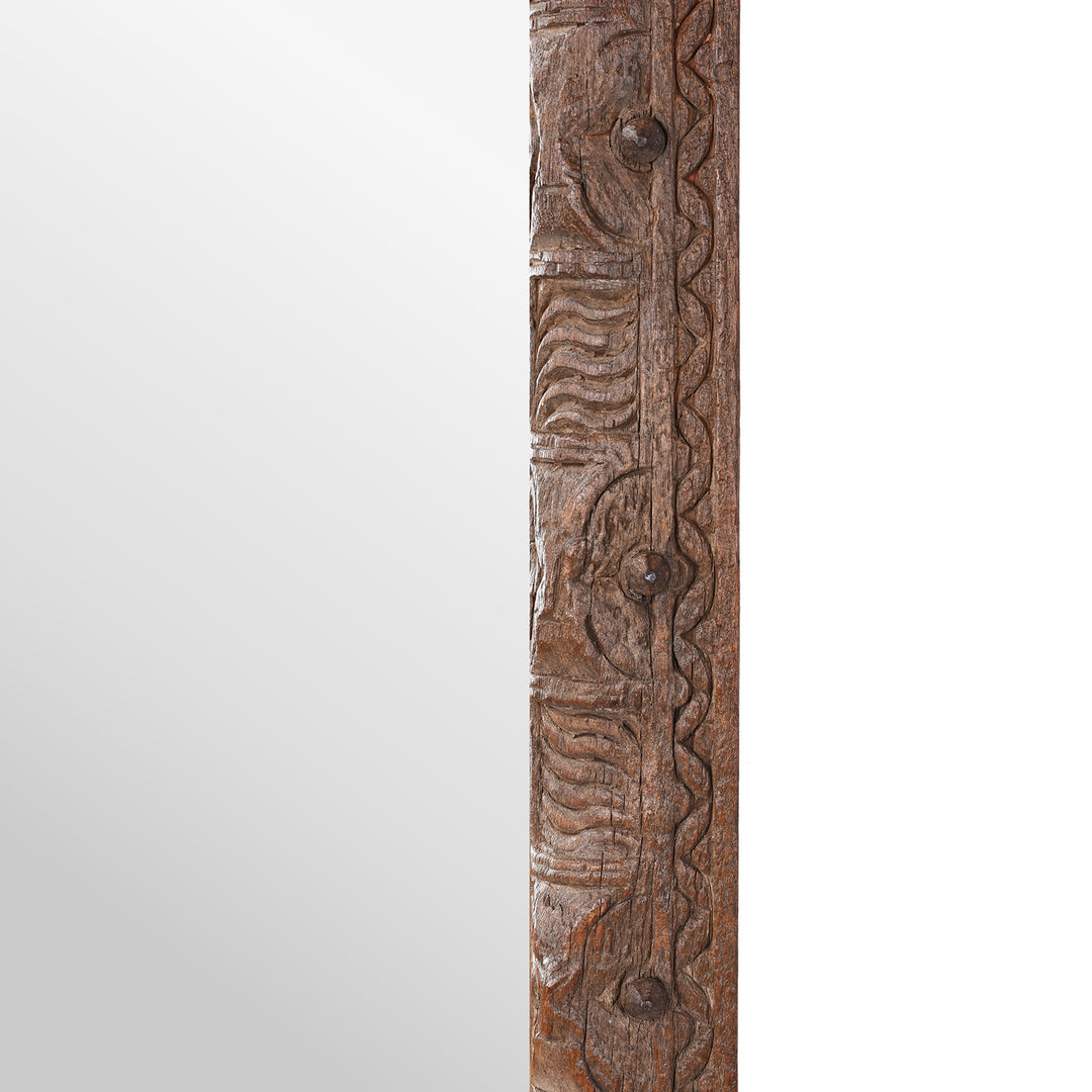 Frame Carving Detail From Indian Mirror Made From Old Architectural Teak With Intricately Carved Frame And Rustic Weathered Finish 