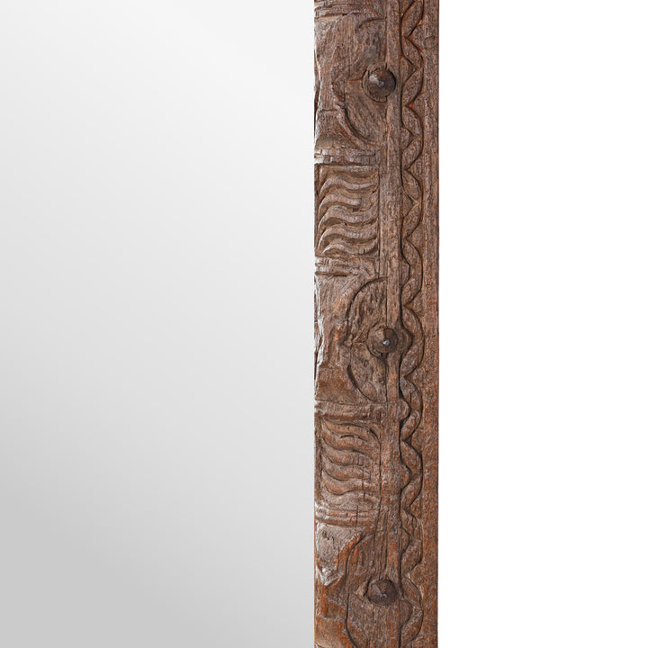 Frame Carving Detail From Indian Mirror Made From Old Architectural Teak With Intricately Carved Frame And Rustic Weathered Finish 