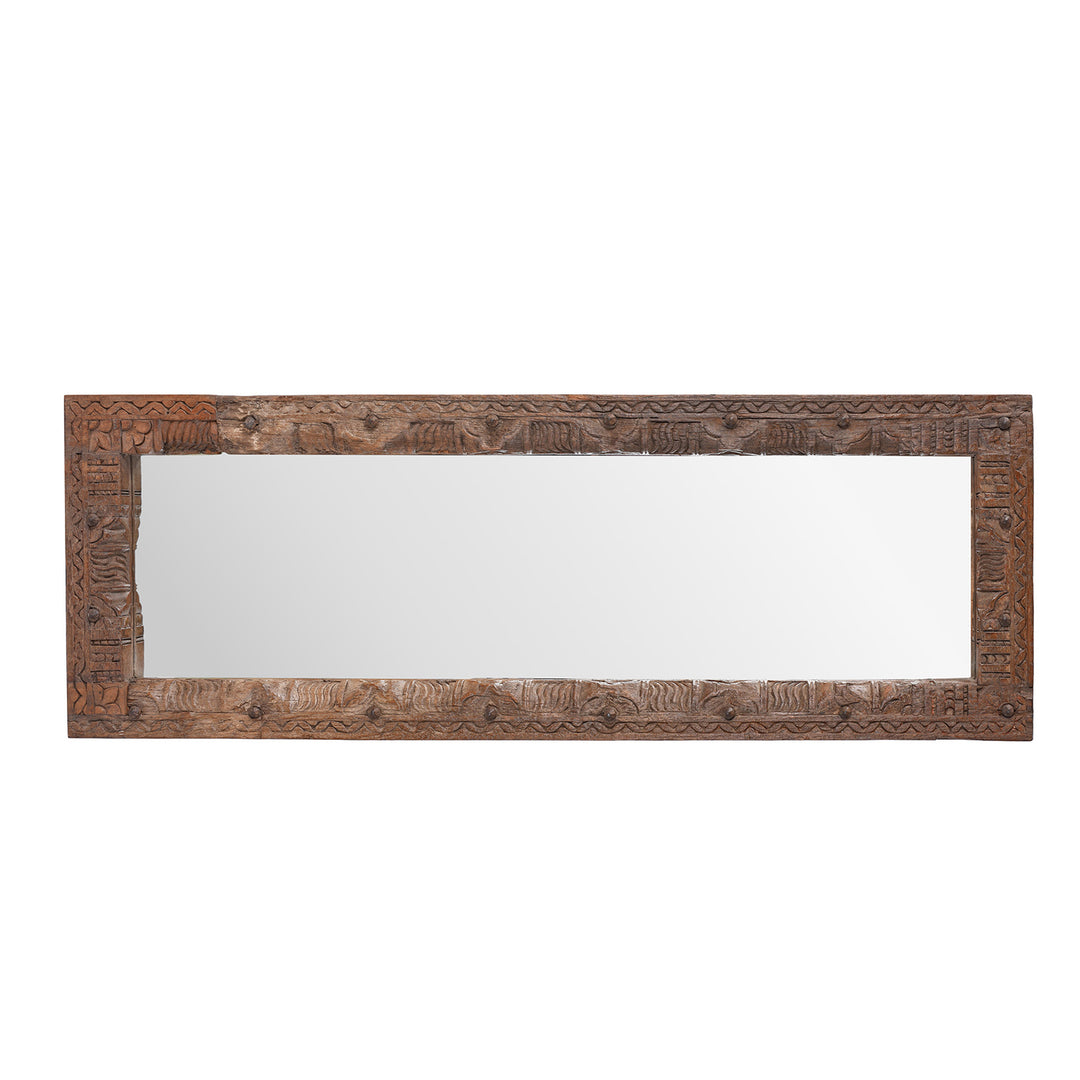 Landscape View Of  Indian Mirror Made From Old Architectural Teak With Intricately Carved Frame And Rustic Weathered Finish