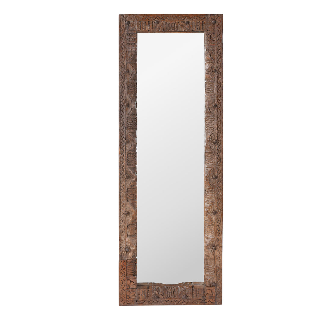 Portrait View Of Indian Mirror Made From Old Architectural Teak With Intricately Carved Frame And Rustic Weathered Finish
