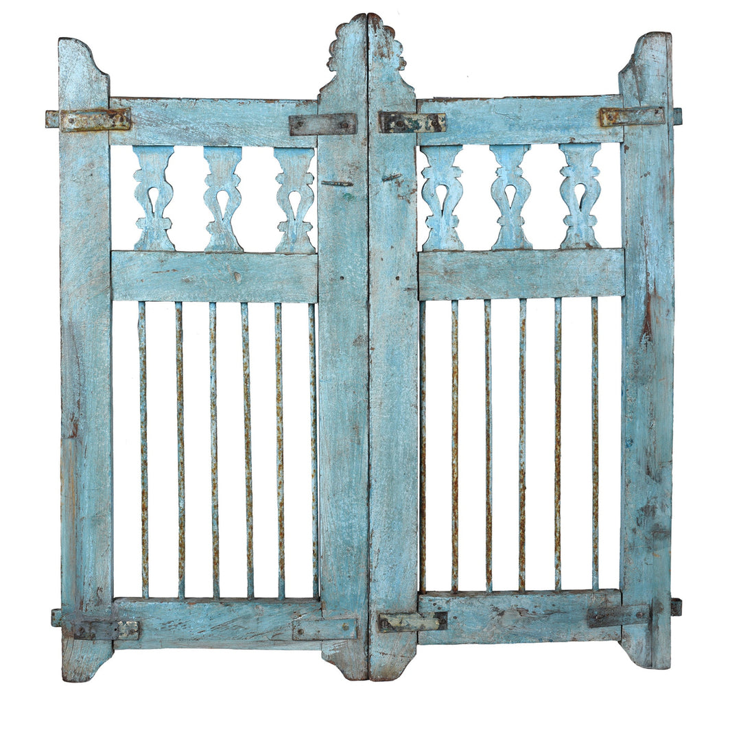 Back Of Antique Indian Blue Painted Teak Dog Gate | Indigo Antiques