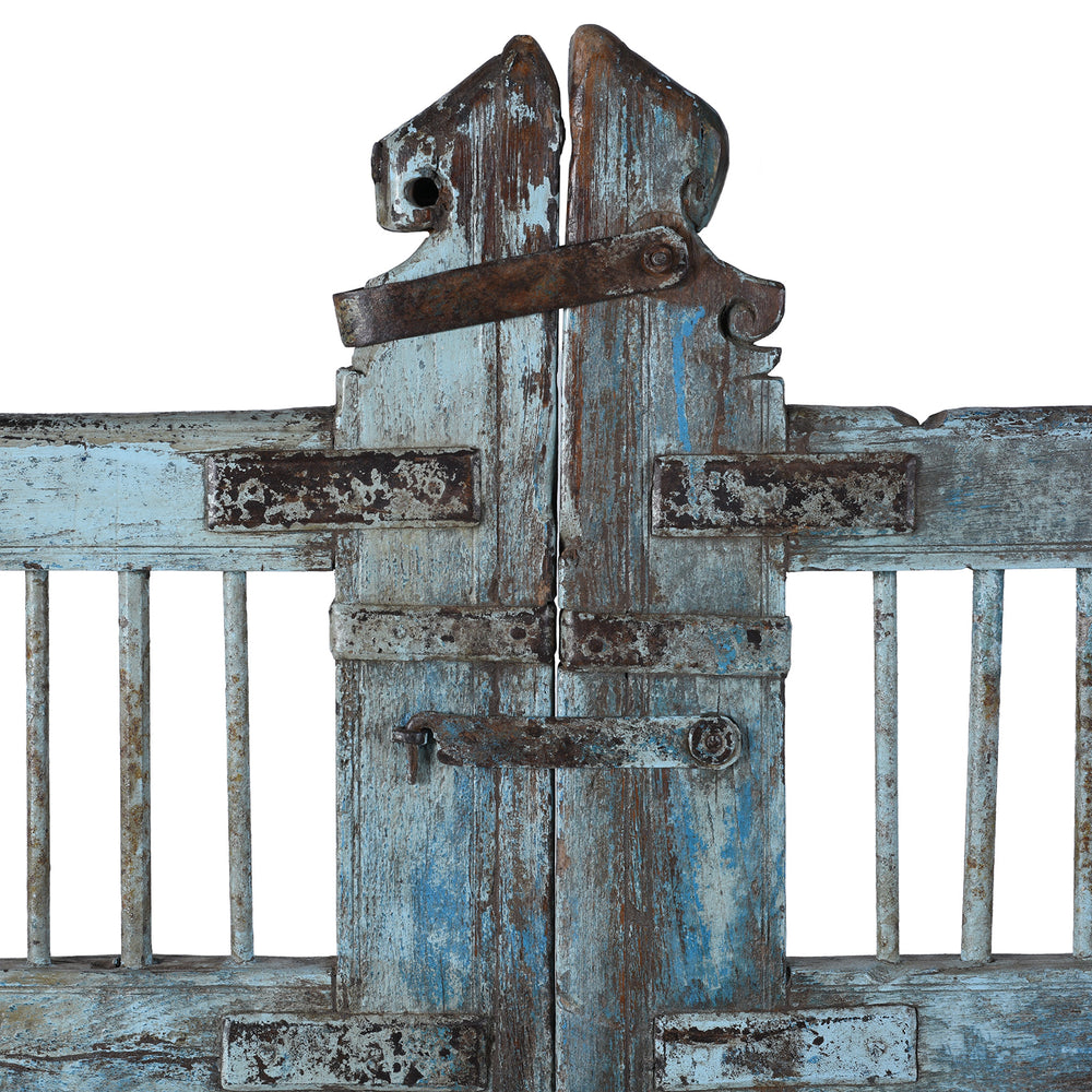 Central Pillar Detail From 19th Century Gujarati Teak And Iron Dog Gate With Original Blue Paint And Decorative Spindles