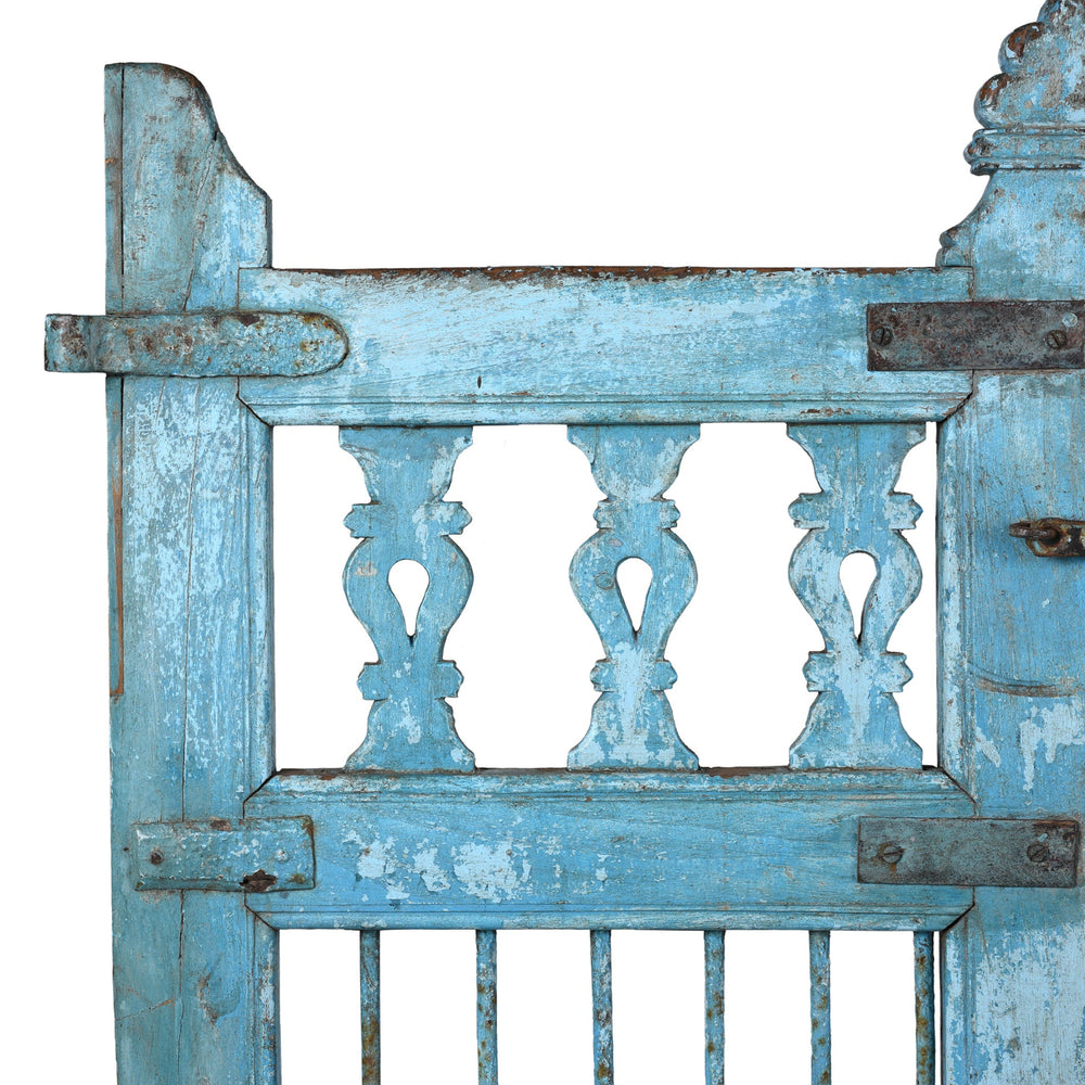 Corner Detail From Antique Indian Blue Painted Teak Dog Gate | Indigo Antiques