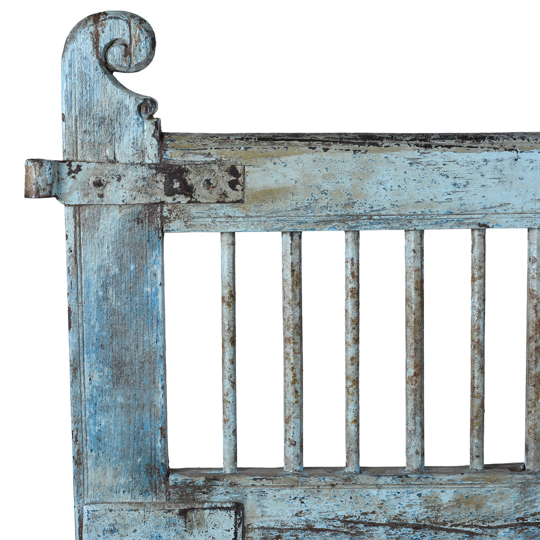 Spindle Detail From 19th Century Gujarati Teak And Iron Dog Gate With Original Blue Paint And Decorative Spindles