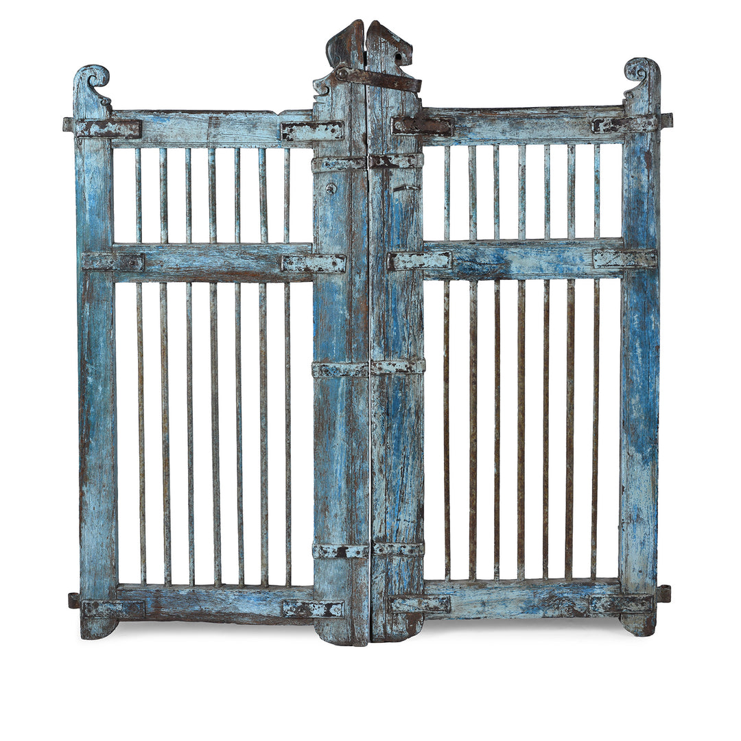 19th Century Gujarati Teak And Iron Dog Gate With Original Blue Paint And Decorative Spindles